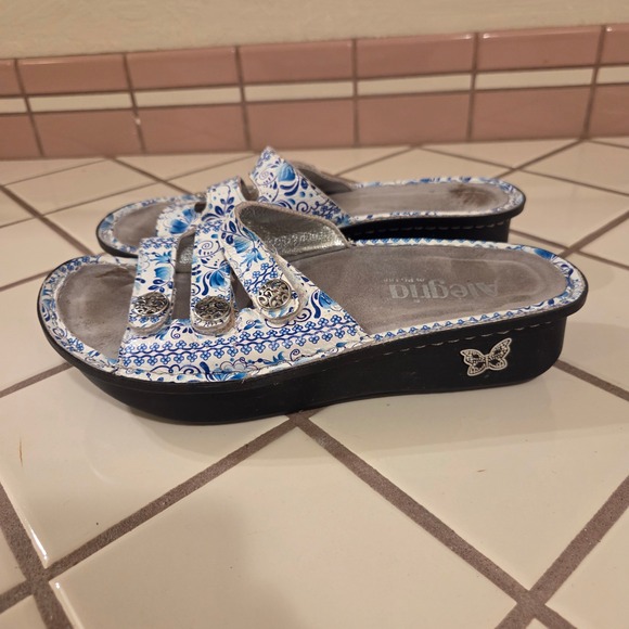 Alegria Shoes - Alegria FIO-452 Blue White Floral Leather Slide Sandals Womens 36 US 6-6.5